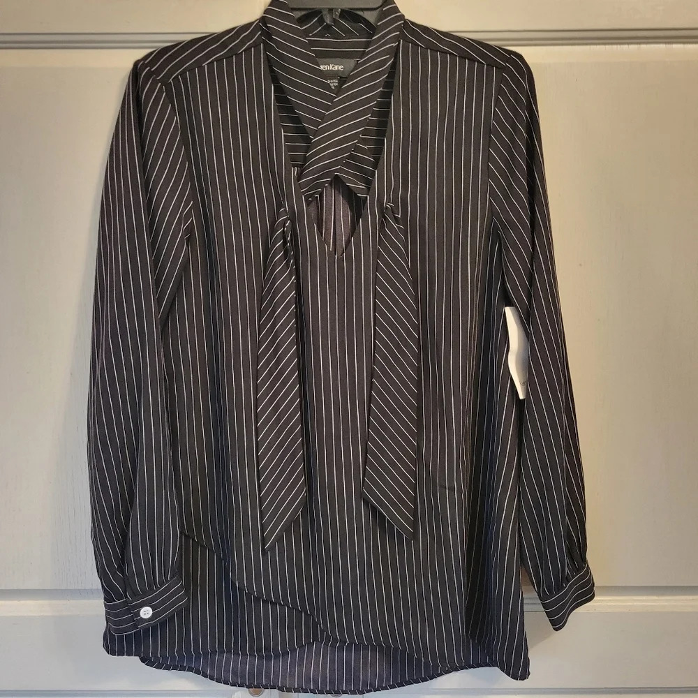 Karen Kane Black & White Pinstripe V-neck Tie Long Sleeve Blouse